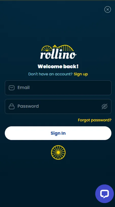 Rollino login screen with email and password fields
