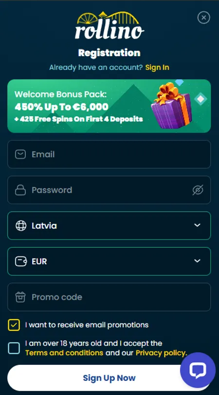 Rollino registration screen with country and currency fields